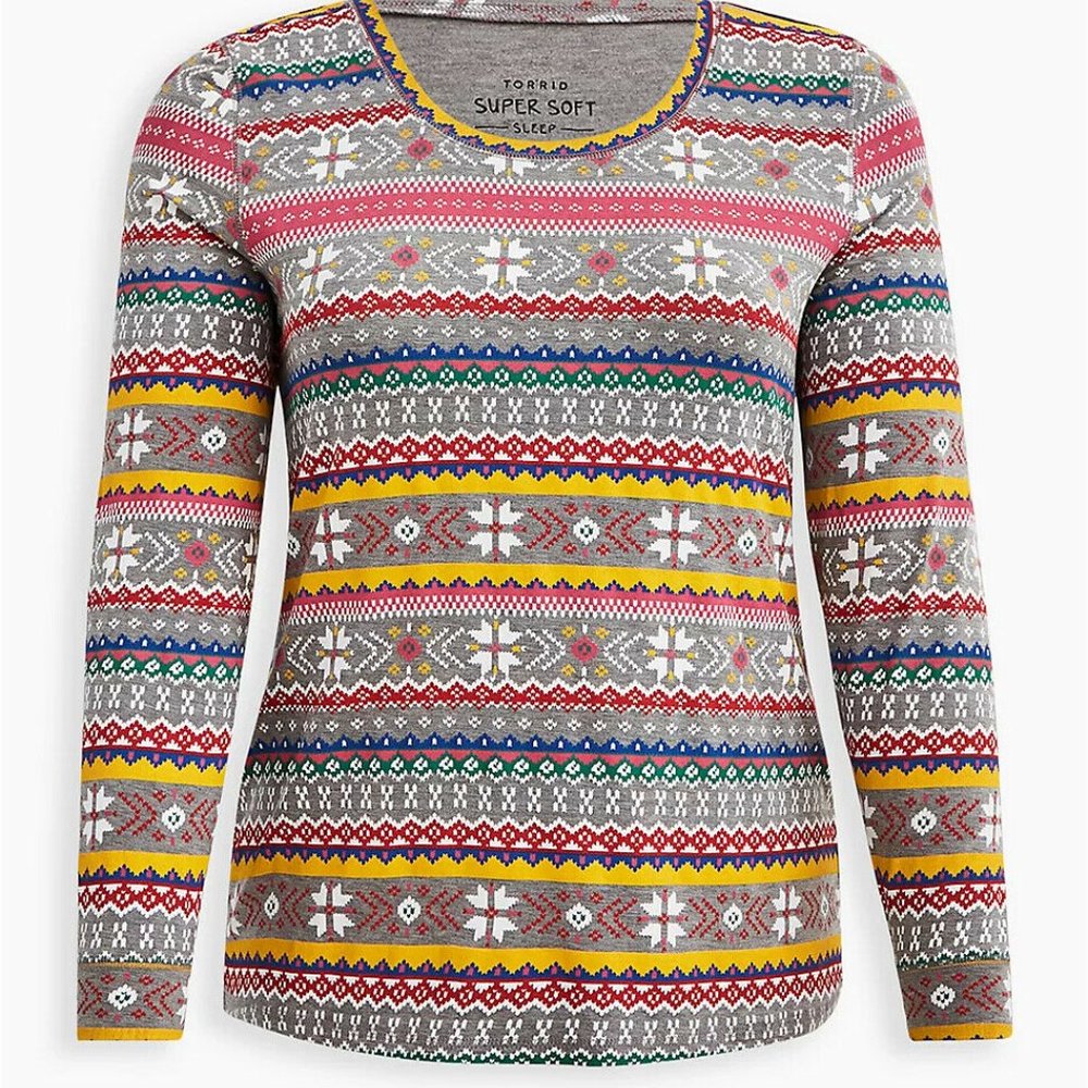 Torrid 2X Grey & Pink Fair Isle Long Sleeve Winter Sleep Tee
